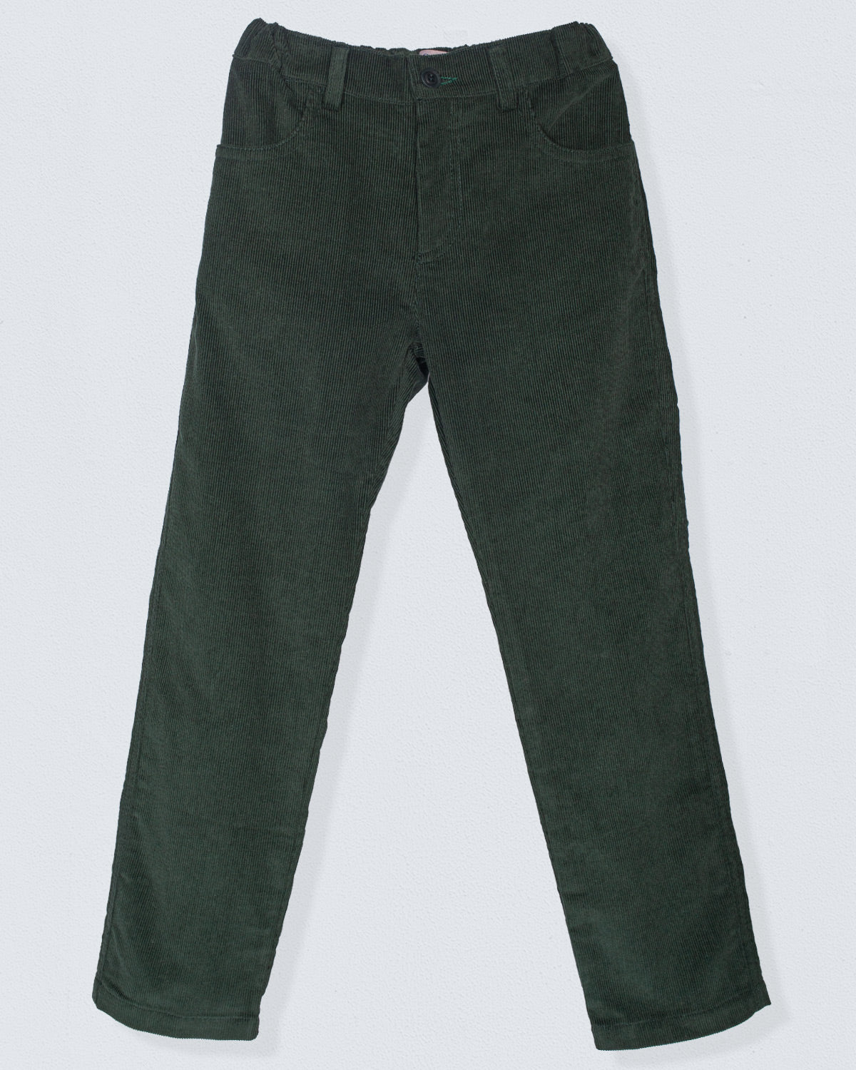 Front view of the Bradley Italian dark pine Corduroy Pant laid flat, showcasing its fine wale texture, straight-leg silhouette, and tailored waistband with a faux button.