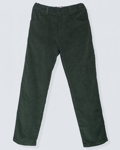 Front view of the Bradley Italian dark pine Corduroy Pant laid flat, showcasing its fine wale texture, straight-leg silhouette, and tailored waistband with a faux button.