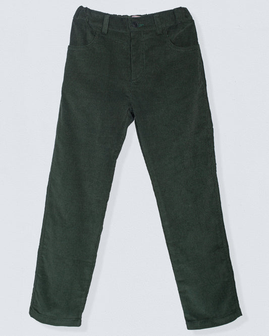 Front view of the Bradley Italian dark pine Corduroy Pant laid flat, showcasing its fine wale texture, straight-leg silhouette, and tailored waistband with a faux button.