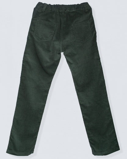 Back view of the Bradley Italian dark green Corduroy Pant, highlighting the elastic waistband and two rear patch pockets.