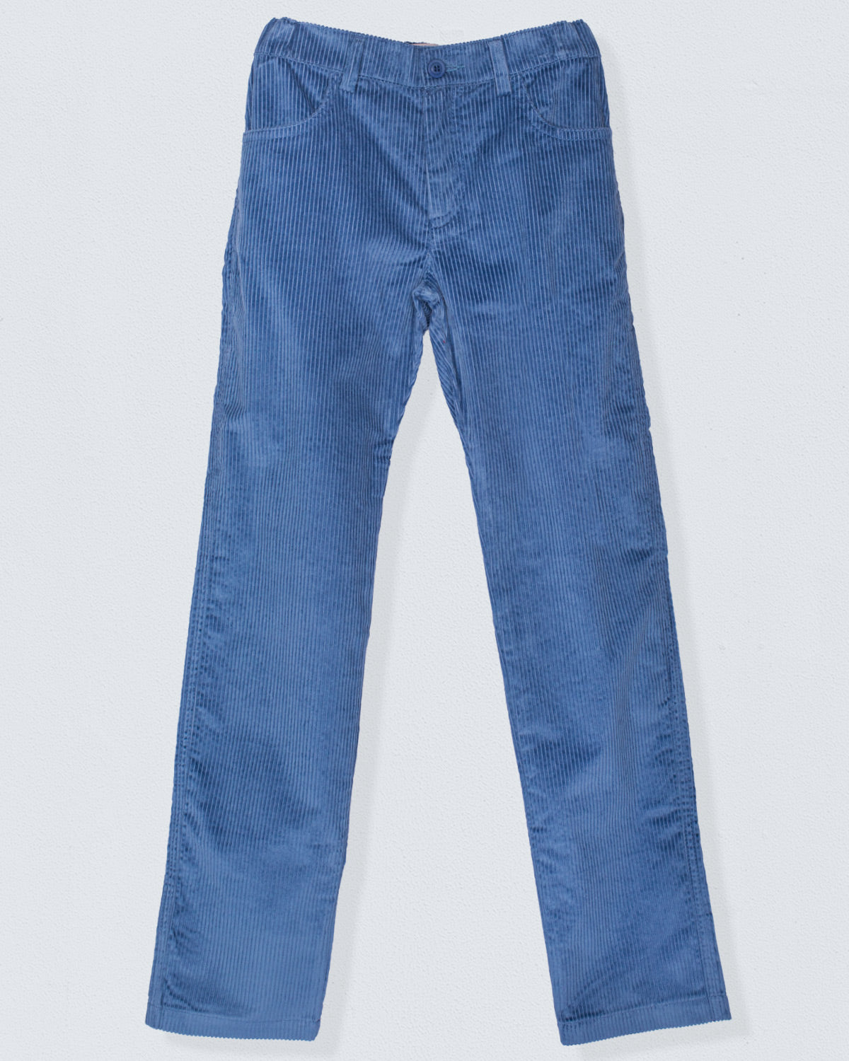 Front view of the Bradley Italian Jean Blue Corduroy Pant laid flat, showcasing its fine wale texture, straight-leg silhouette, and tailored waistband with a faux button.