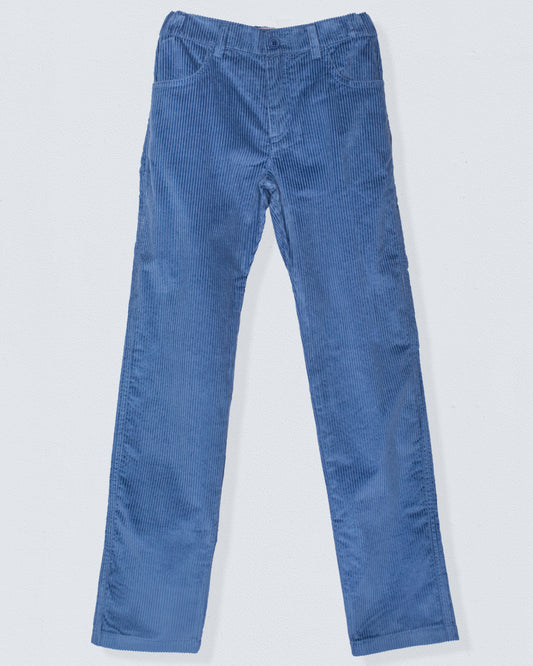Front view of the Bradley Italian Jean Blue Corduroy Pant laid flat, showcasing its fine wale texture, straight-leg silhouette, and tailored waistband with a faux button.
