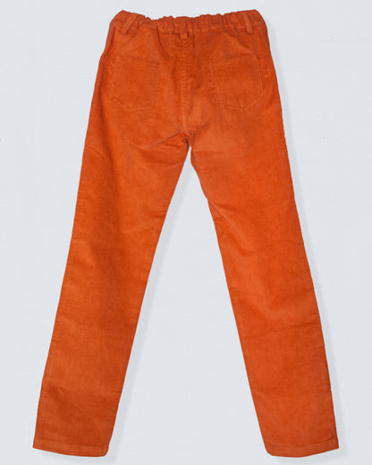 Back view of the Bradley Italian maple colored Corduroy Pant, highlighting the elastic waistband and two rear patch pockets.