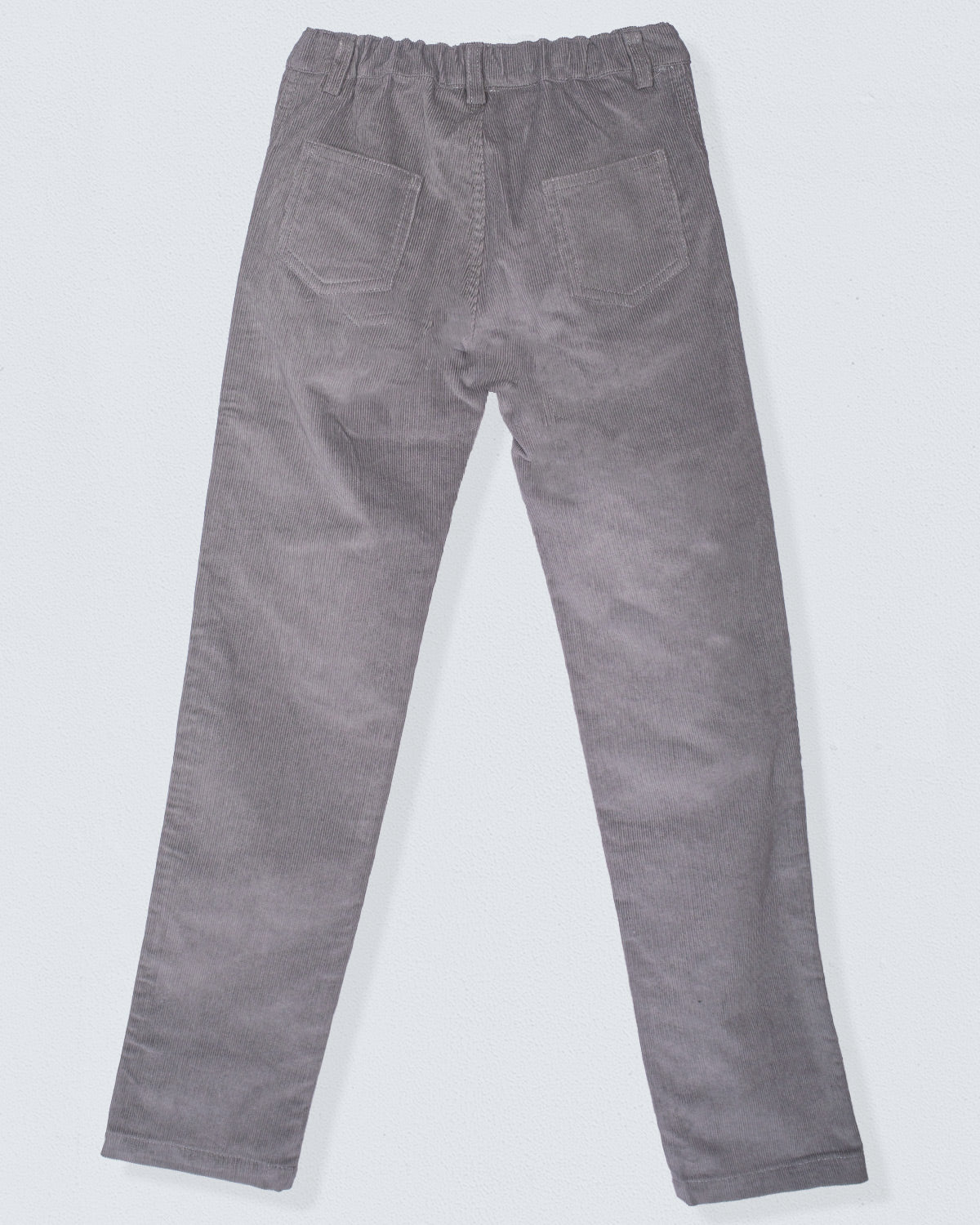 Back view of the Bradley Italian grey Corduroy Pant, highlighting the elastic waistband and two rear patch pockets.