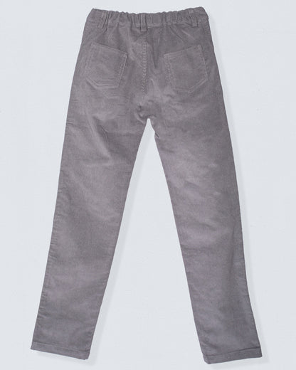 Back view of the Bradley Italian grey Corduroy Pant, highlighting the elastic waistband and two rear patch pockets.