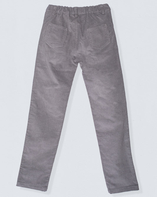 Back view of the Bradley Italian grey Corduroy Pant, highlighting the elastic waistband and two rear patch pockets.