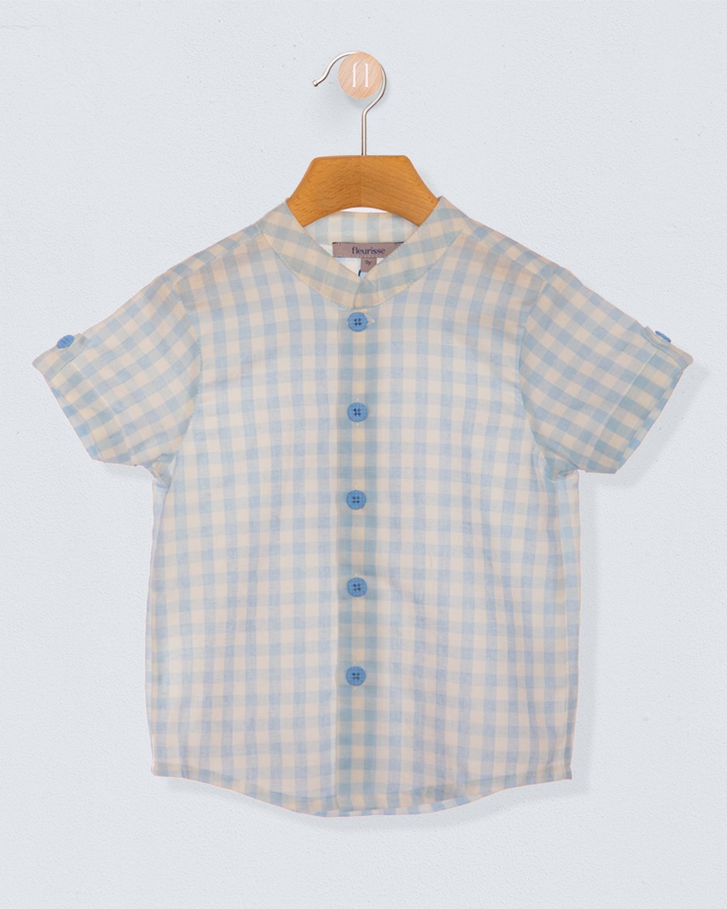 light blue and white checkered shirt with blue buttons on a wooden hanger against a light blueish grey backdrop