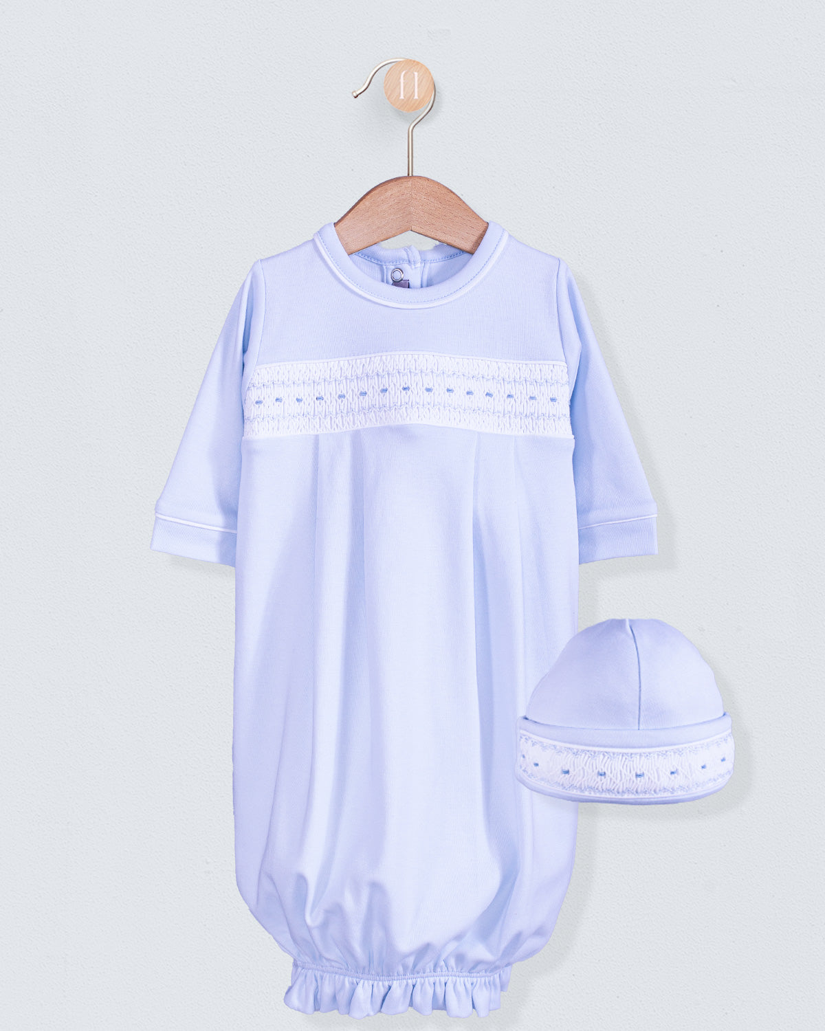 Bris Pima Light Blue Smocked Gown and Hat Set - Stretchie