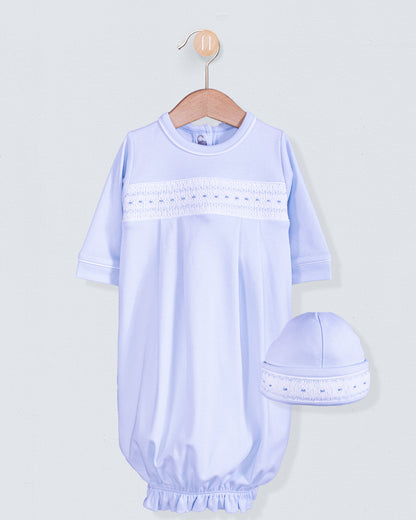 Bris Pima Light Blue Smocked Gown and Hat Set - Stretchie