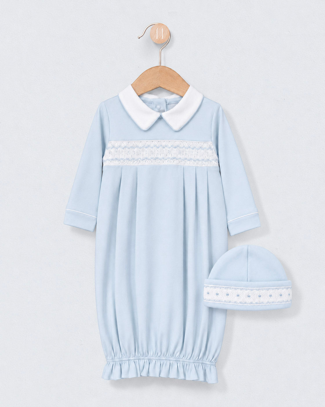Bris Pima Light Blue Smock Collared Gown and Hat Set