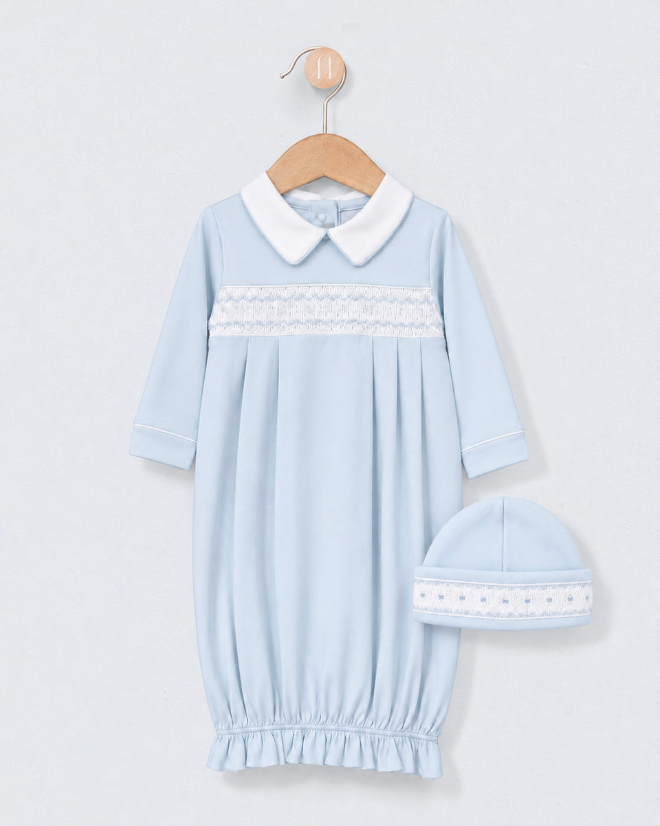 Bris Pima Light Blue Smock Collared Gown and Hat Set