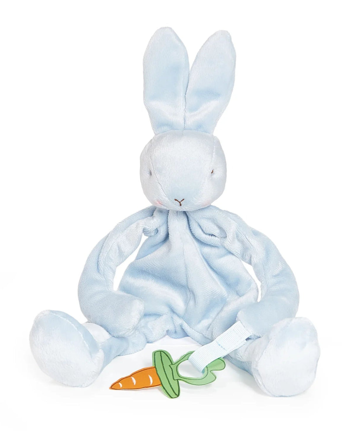 Blue plush bunny toy with a carrot on a white background