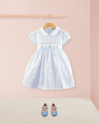 Bunny Blue Gingham Linen Smock - Smocked Dress