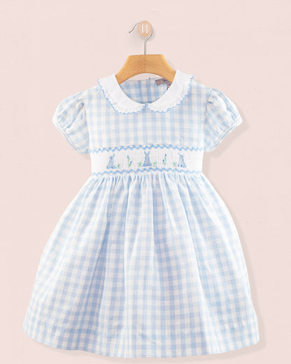 Bunny Blue Gingham Linen Smock - Smocked Dress