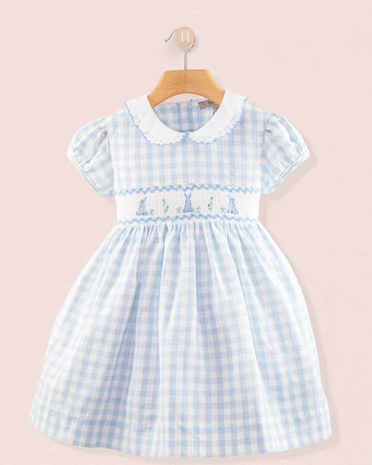 Bunny Blue Gingham Linen Smock - Smocked Dress