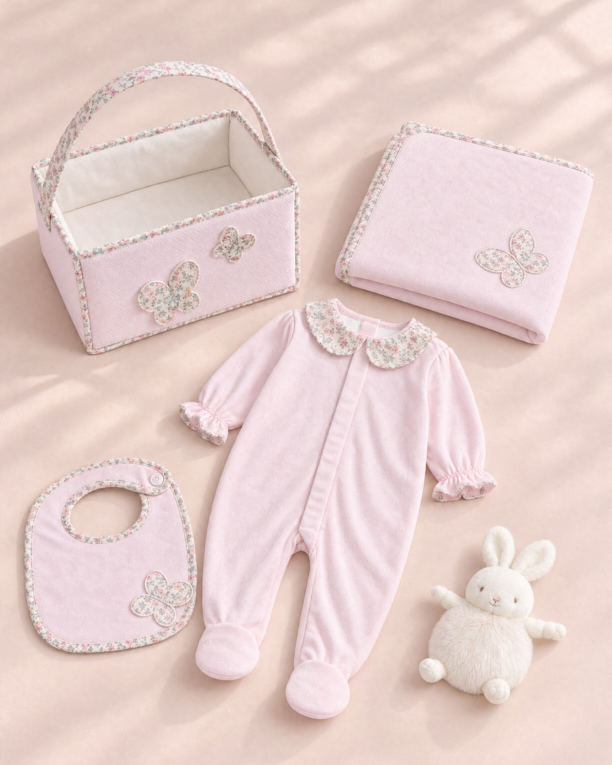 A coordinated baby gift set arranged on a soft blush background, including a light pink footed one-piece with a floral collar, a matching bib, a folded blanket, a small storage basket, and a white plush bunny toy.