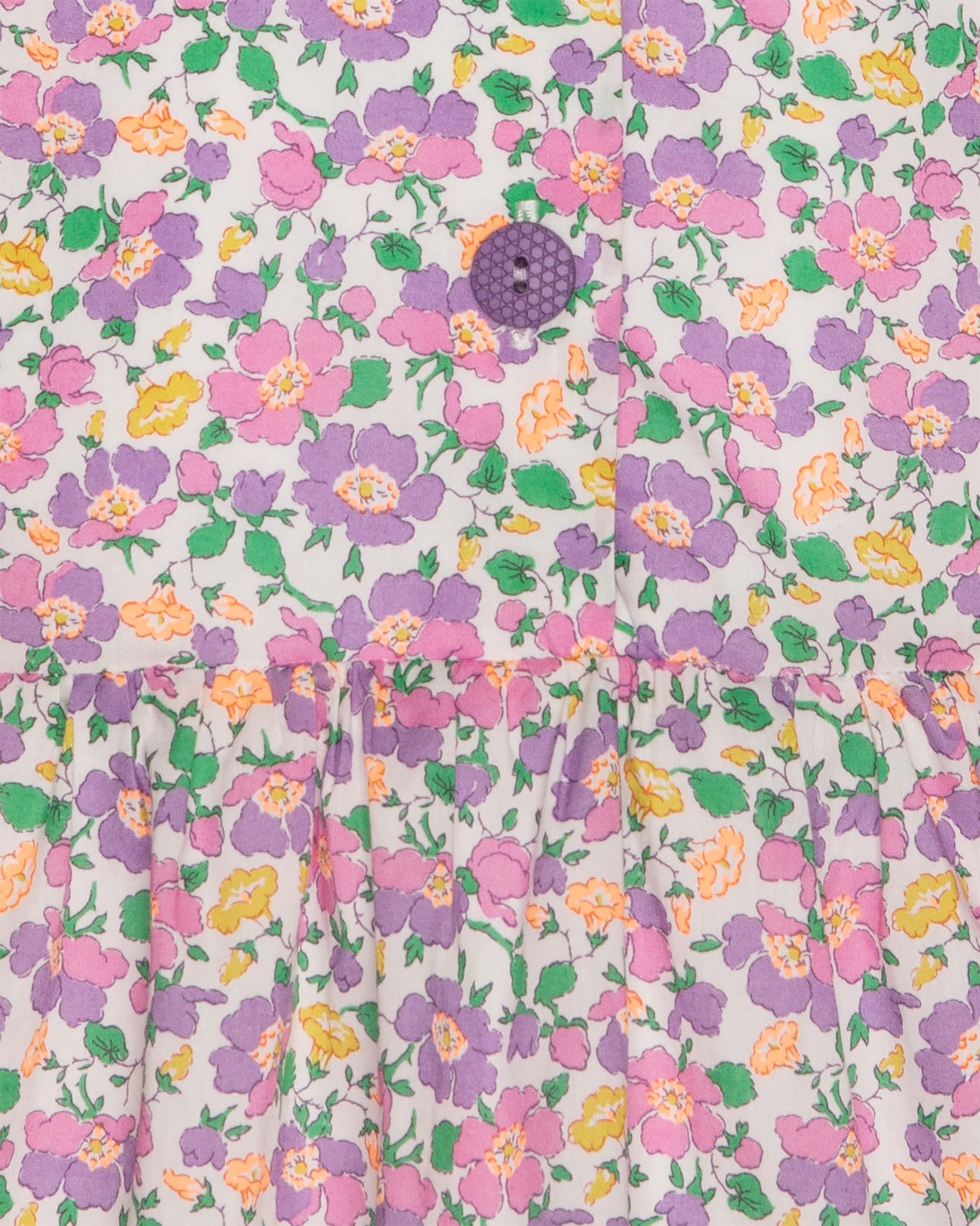 Close-up of floral patterned fabric with colorful flowers and purple button