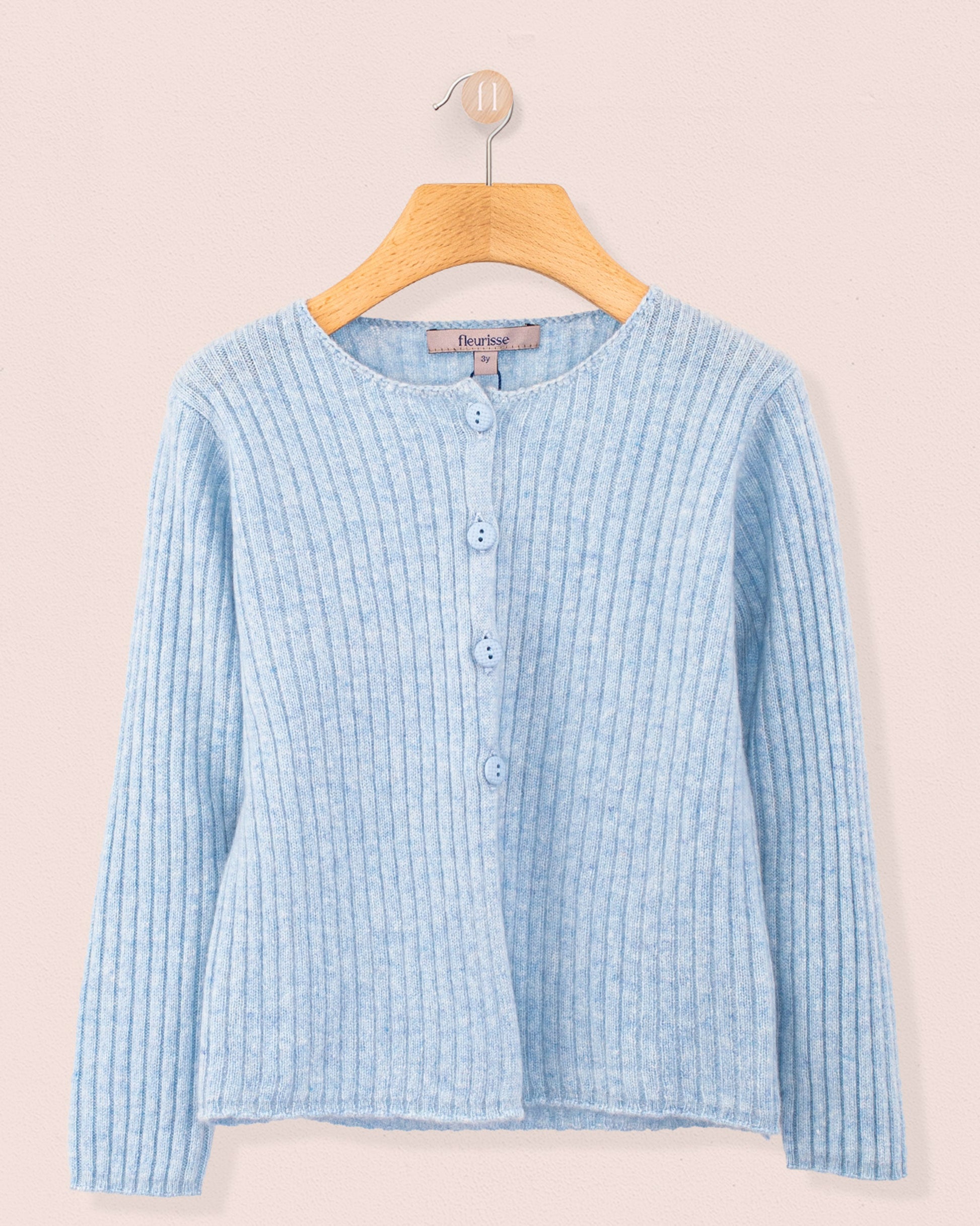 Cashmere Ribbed Light Blue Mélange Cardigan - Cardigan