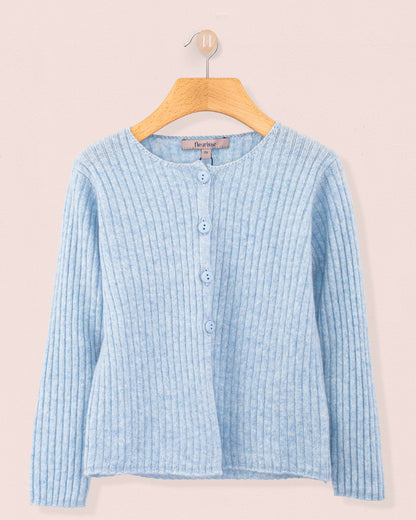 Cashmere Ribbed Light Blue Mélange Cardigan - Cardigan
