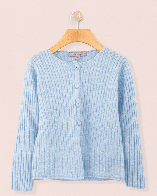 Cashmere Ribbed Light Blue Mélange Cardigan - Cardigan