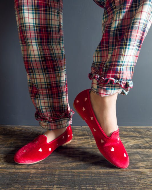 Embroidered Slipper Red Velour Hearts