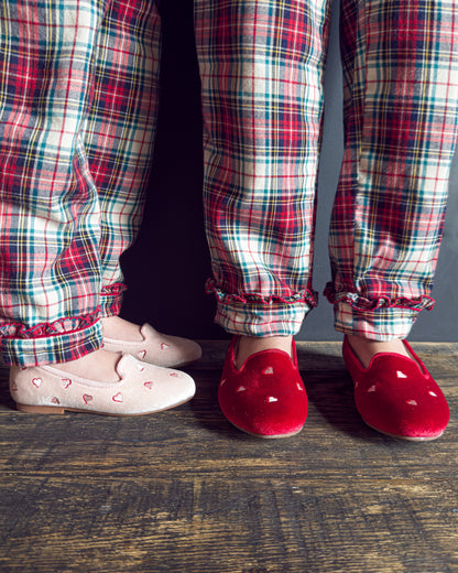 Embroidered Slipper Pink Velour Hearts