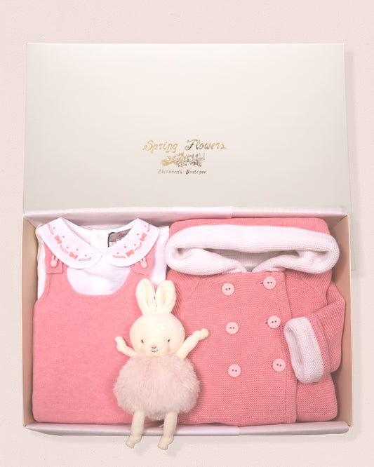 Baby clothing set with pink outfit, white shirt, and plush toy in a box with toy