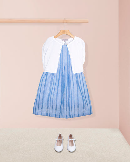 Carmel Italian Blue Chiffon Dress with shoes and a sweater on a hanger