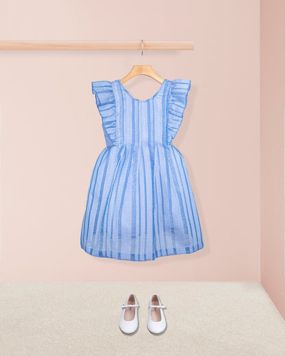 Carmel Italian Blue Chiffon Dress with shoes on a hanger