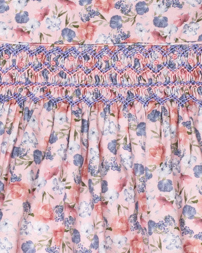 Floral patterned fabric with smocked waistband-closeup view