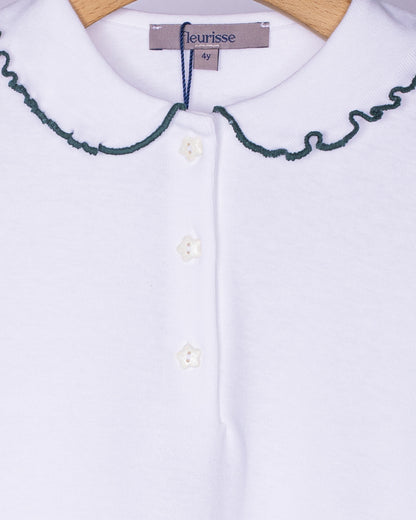 Close-up of white cotton blouse showing detailed pine green scalloped stitching along the rounded collar and white star-shaped buttons.