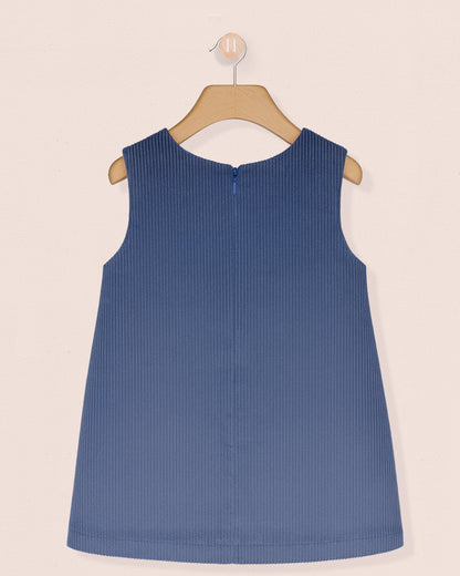 back of Blue sleeveless dress on a beige background