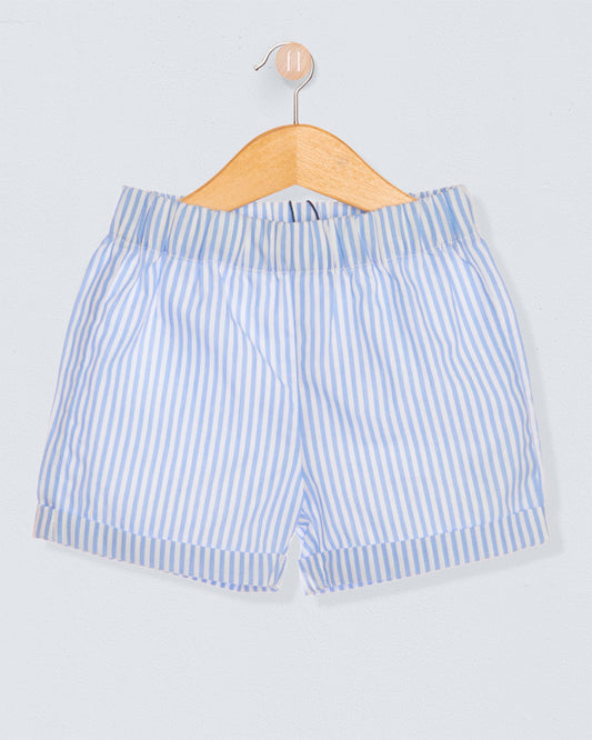 Light blue and white striped shorts on a hanger with a light blueish grey background.