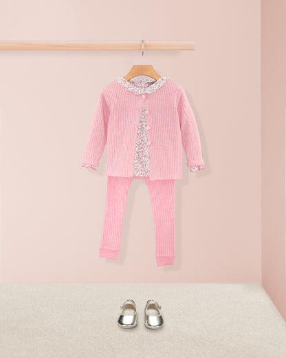 Ribbed Pink Supermélange Wool 2-Pcs Set - Cardigan