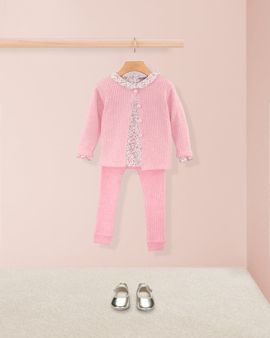 Ribbed Pink Supermélange Wool 2-Pcs Set - Cardigan