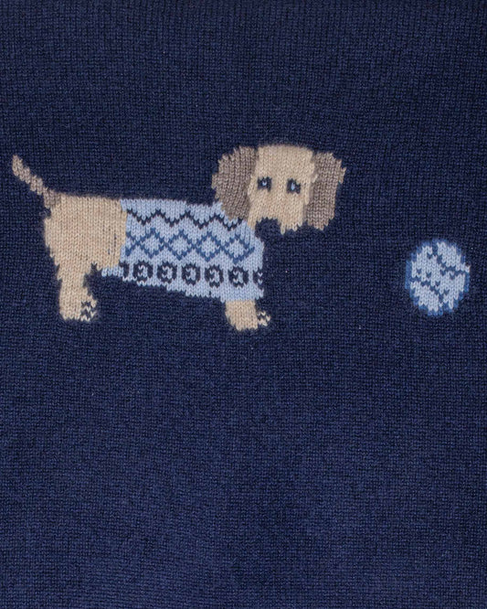 Navy blue sock with a dog wearing a sweater and a ball design.
