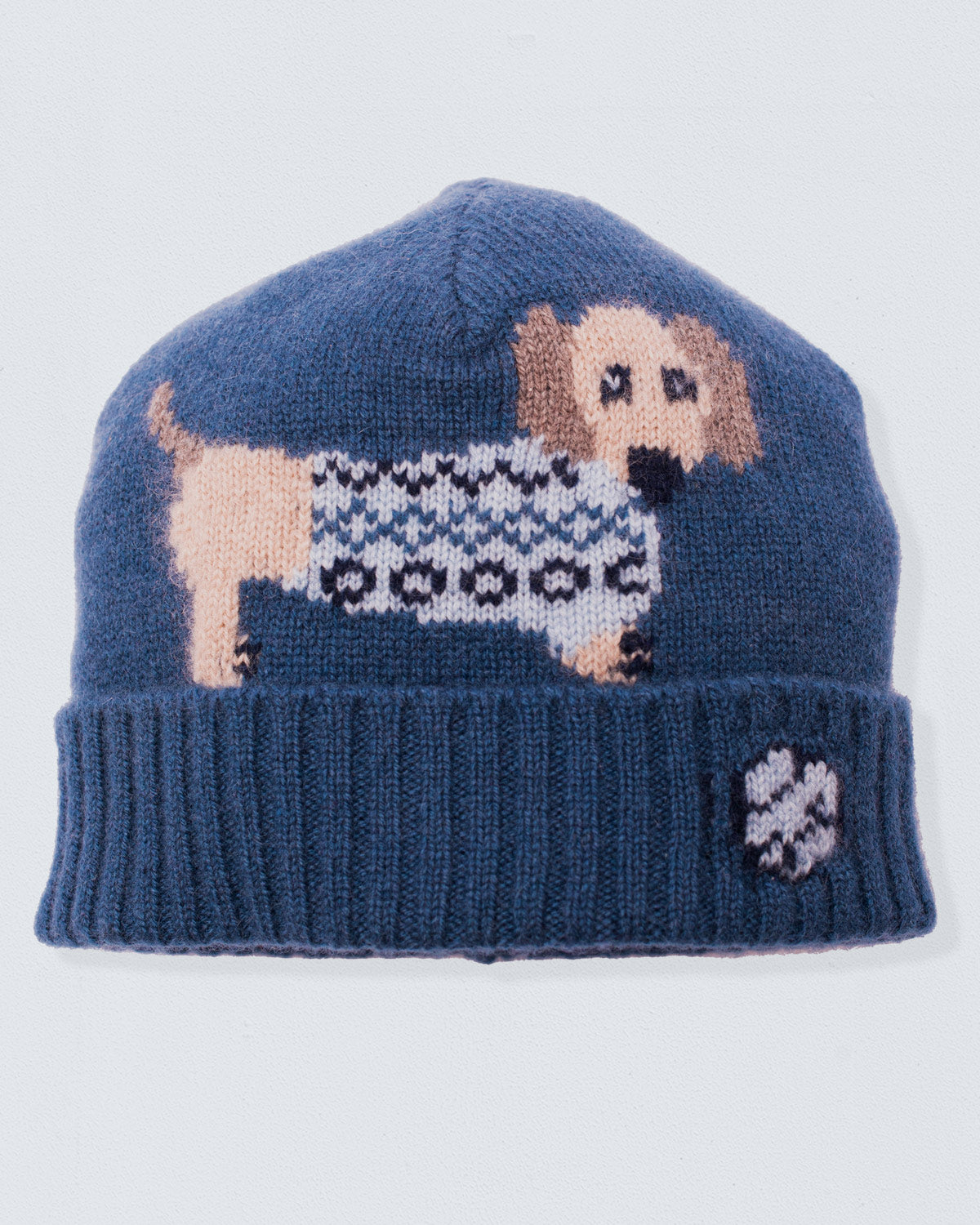 Blue knit beanie with a dog wearing a sweater design on a light gray background