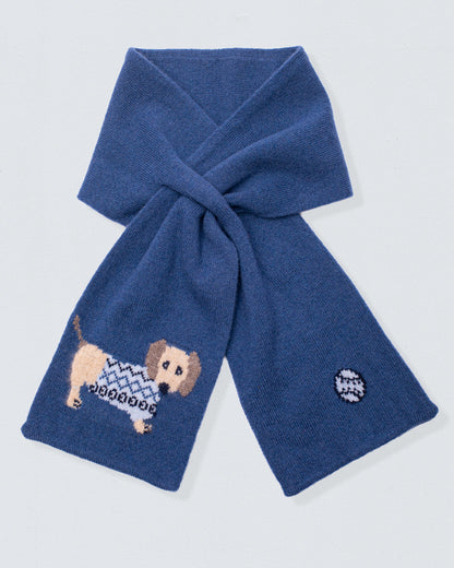 Blue scarf with embroidered dog design on a light gray background