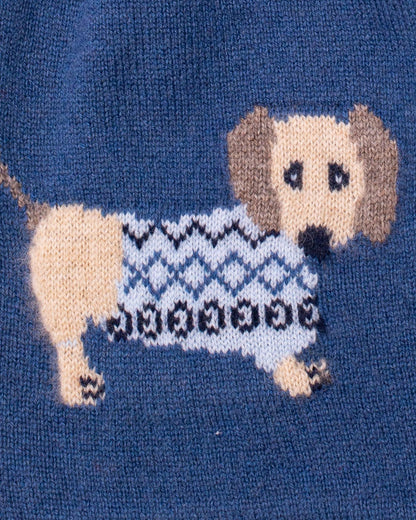Close up of a Knitted dog with a sweater on a blue background
