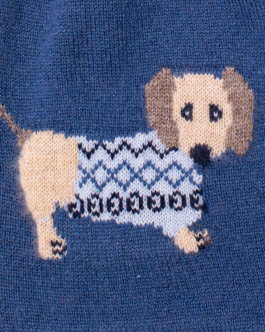 Close up of a Knitted dog with a sweater on a blue background