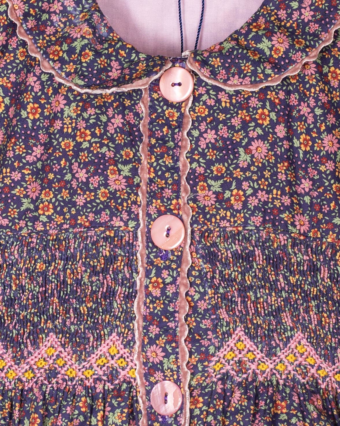 Close-up of a floral patterned garment with buttons