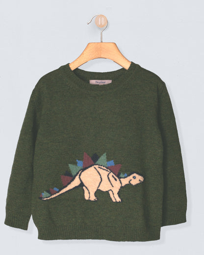 Green sweater with dinosaur design on a hanger against a light gray background