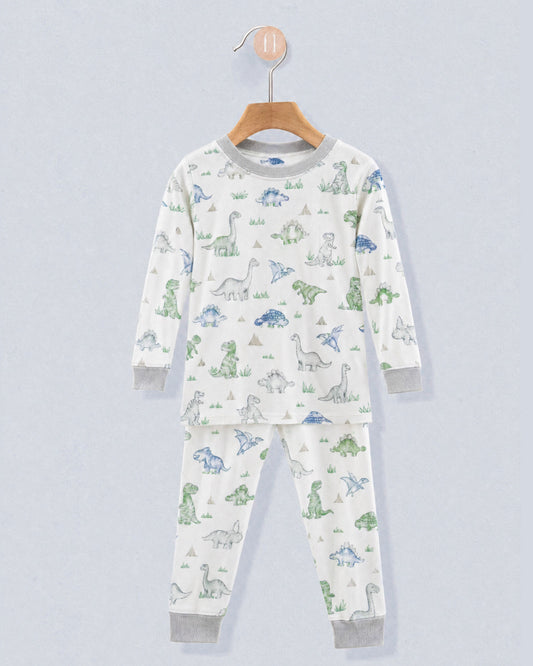 A two-piece children's pajama set hanging on a wooden hanger against a light blue-gray background. The set includes a long-sleeve top and matching pants in white fabric with an all-over dinosaur print in blue, green, and gray, finished with gray ribbed cuffs and collar.