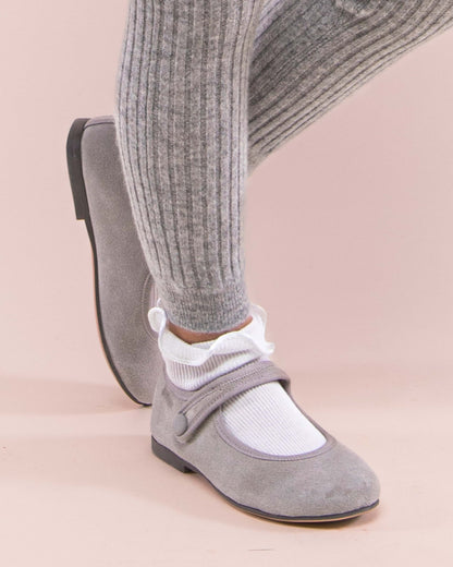 Girl wearing Elizabeth Grey Suede Mary-Jane with Velcro Closure showing the close up of the shoes