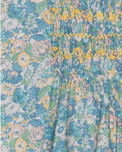 Close up of floral patterned fabric with blue, yellow, and green colors.
