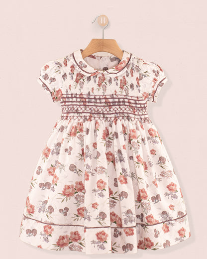 Emma White Bouquet Twill - Smocked Dress