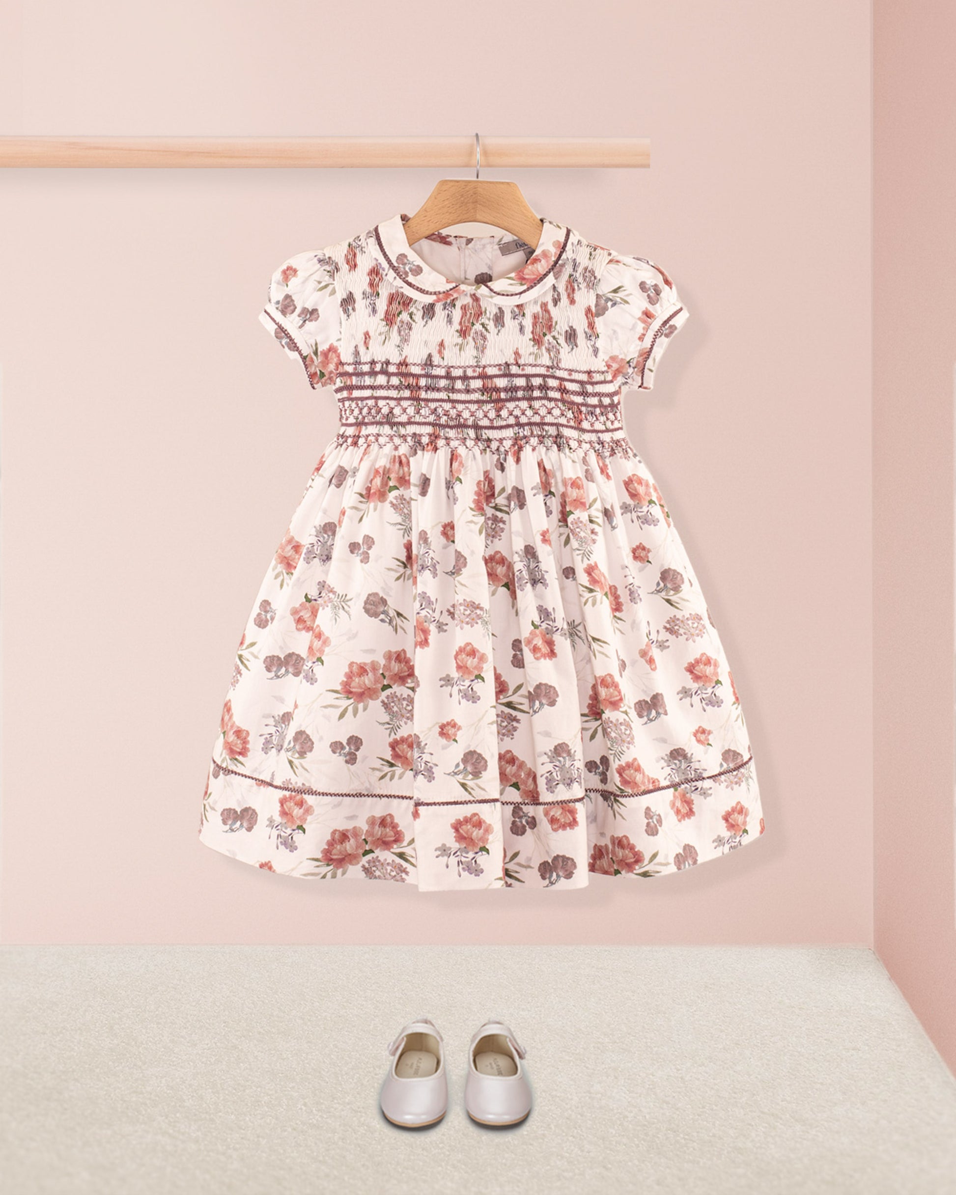 Emma White Bouquet Twill - Smocked Dress