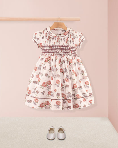 Emma White Bouquet Twill - Smocked Dress
