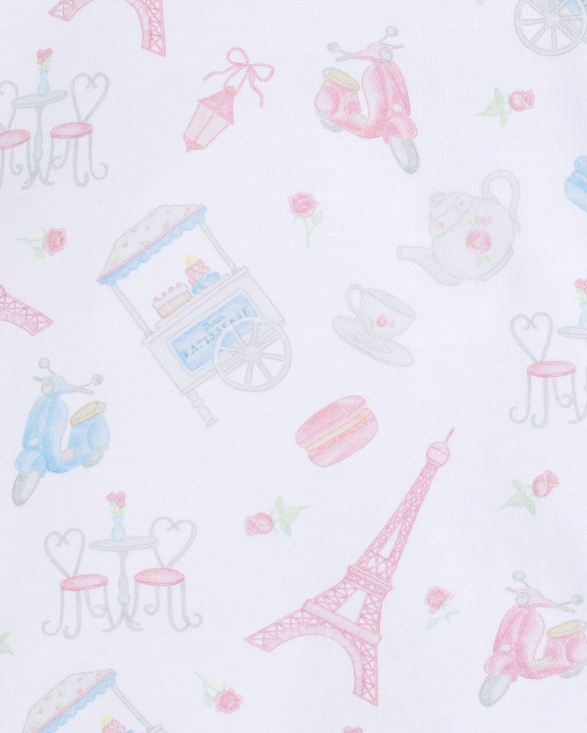 Children's pattern with Eiffel Tower, cake, and other Paris-themed illustrations on a light pink background.