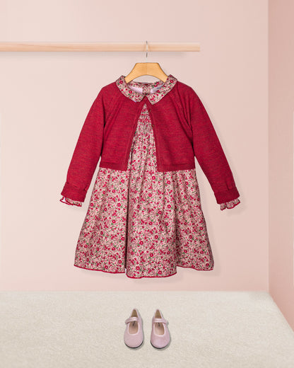Elizabeth Mini Mauve Floral Twill Dress styled with coordinating mauve Mary Jane shoes and a matching grosgrain bow, perfect for special occasions.